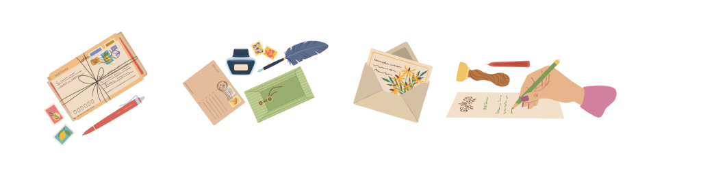 picture of letter writing materials, including letters, envelopes, an ink pot, a quill pen and a picture of a hand holding a pen writing a letter.