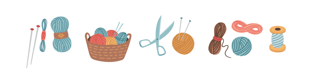 A picture of knitting equipment, including a basket of wool, scissors, a ball of wool with knitting needles and a bobbin of thread.
