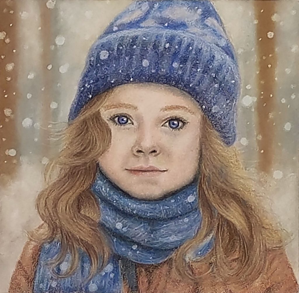 A portrait of a girl who stares at the viewer. She wears a blue hat and scarf, has blue eyes and white skin. Snow falls around her.