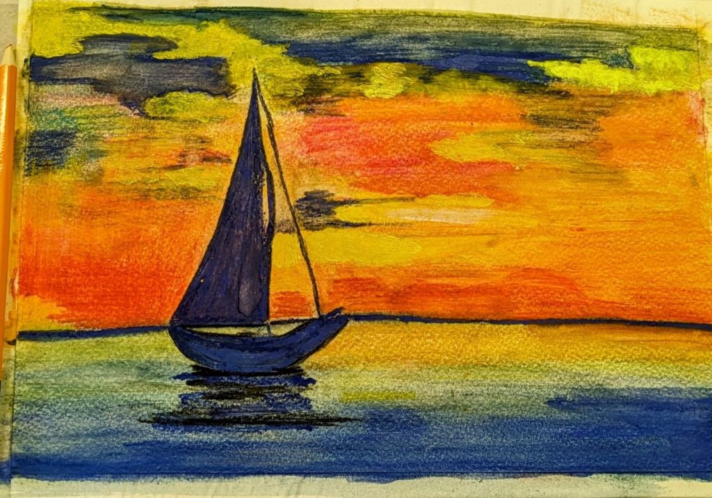 A dark blue silhouette of a sailing boat against a vivid orange and yellow sunset.