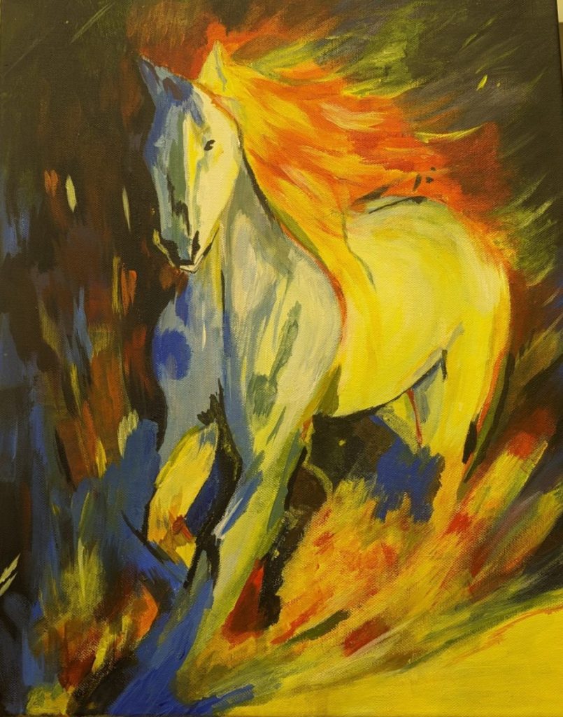 A white horse running towards the viewer with a flame-coloured mane. The background is made up of multi coloured brush strokes.
