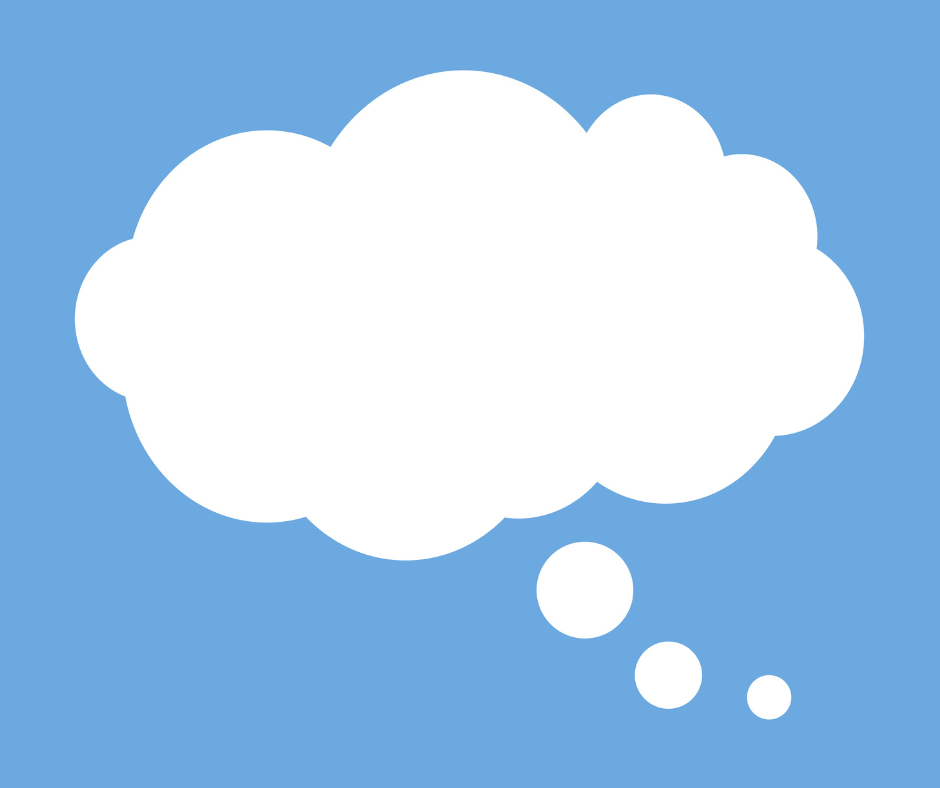 A white thought bubble on a blue background.
