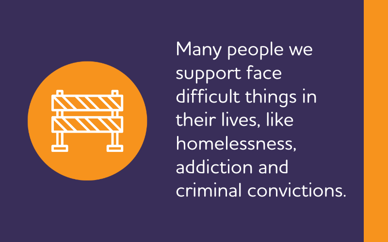 Many people we support face difficult things in their lives, like homelessness, addiction and criminal convictions.